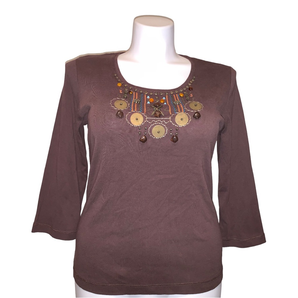 Coldwater Creek Brown 3/4 Sleeve Artsy Embroidered Shirt, Size M